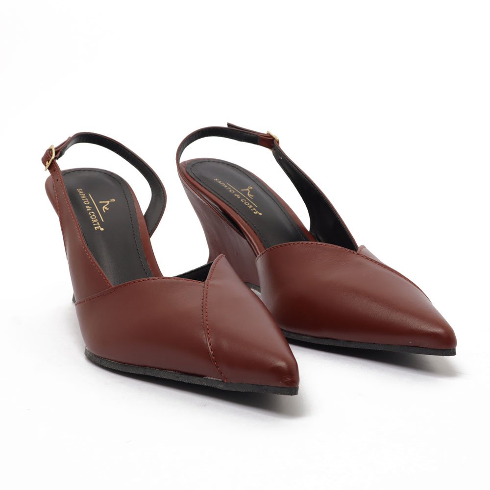 Slingback Sapato Da Corte Salto Anabela Alto Bico Alongado Couro Marrom 3