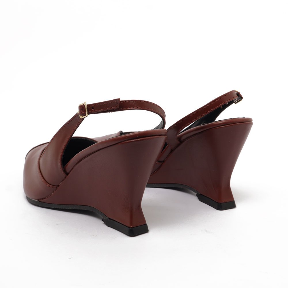 Slingback Sapato Da Corte Salto Anabela Alto Bico Alongado Couro Marrom 4