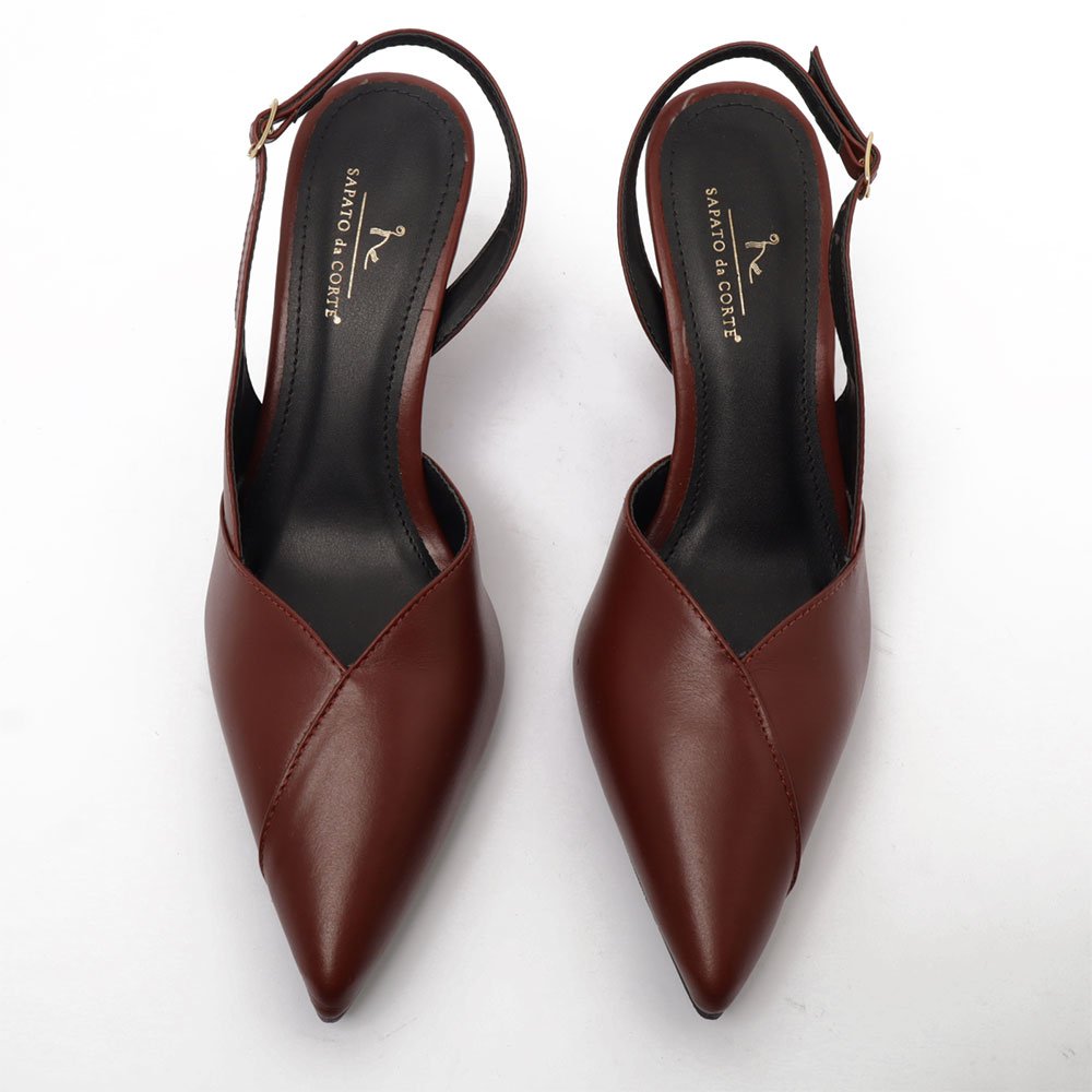 Slingback Sapato Da Corte Salto Anabela Alto Bico Alongado Couro Marrom 5