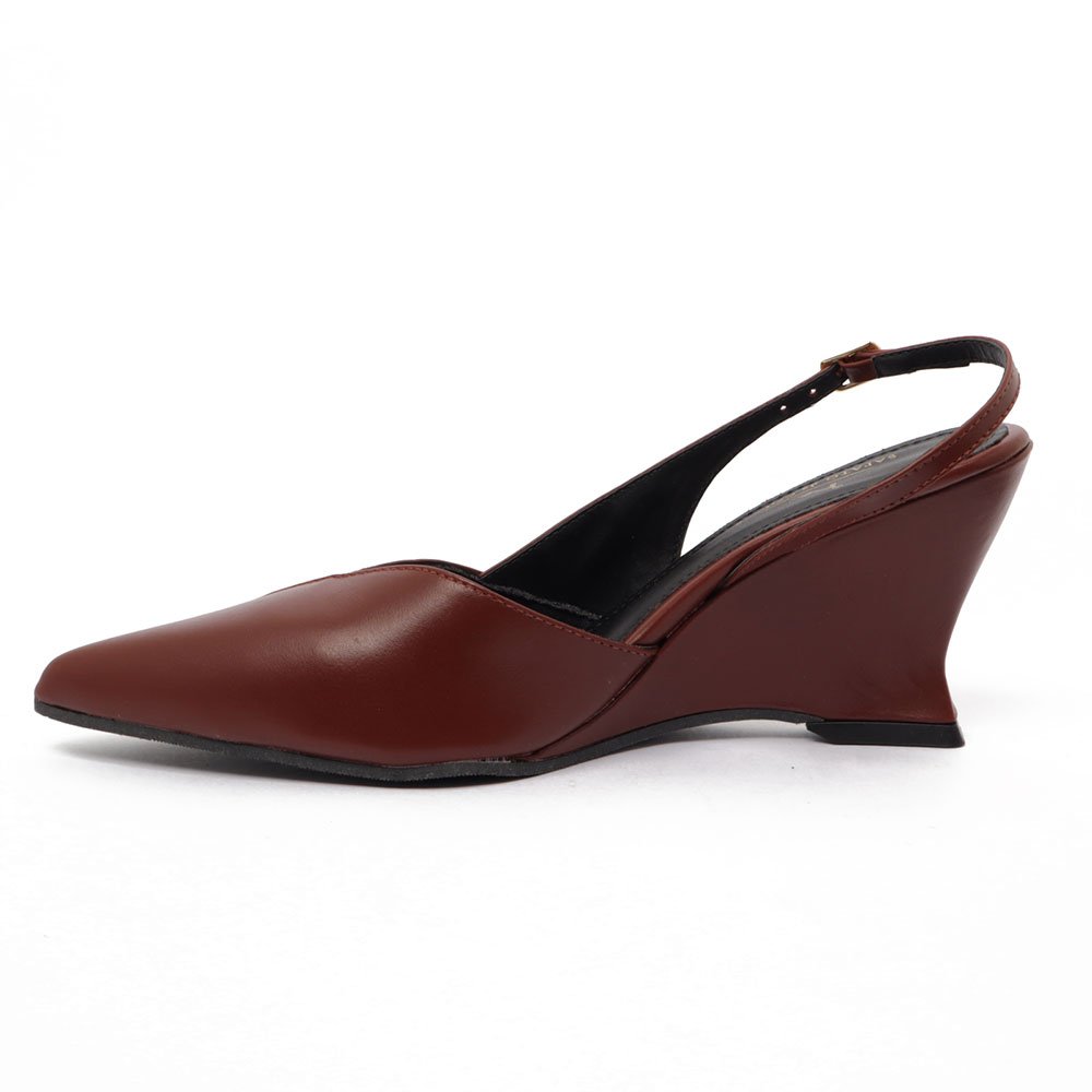 Slingback Sapato Da Corte Salto Anabela Alto Bico Alongado Couro Marrom 6