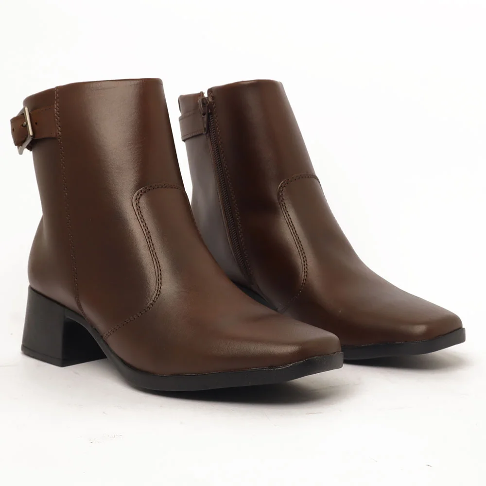 Bota Feminina Sapato Da Corte Couro Salto Bloco Médio Cano Curto Café 3