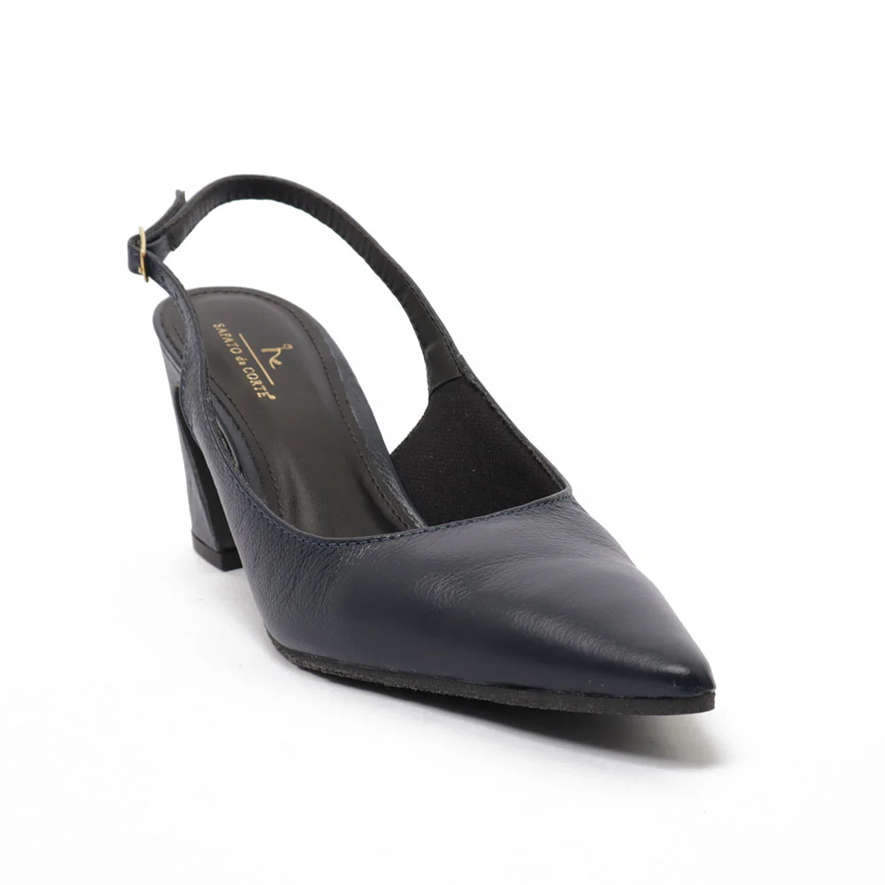 Slingback Sapato Da Corte Salto Médio Vírgula  Couro Azul Marinho 2