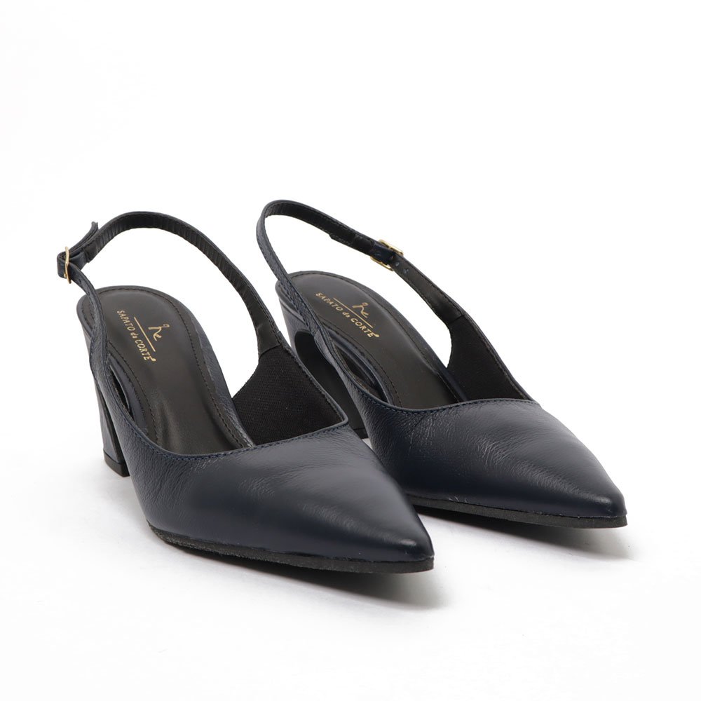 Slingback Sapato Da Corte Salto Médio Vírgula  Couro Azul Marinho 3