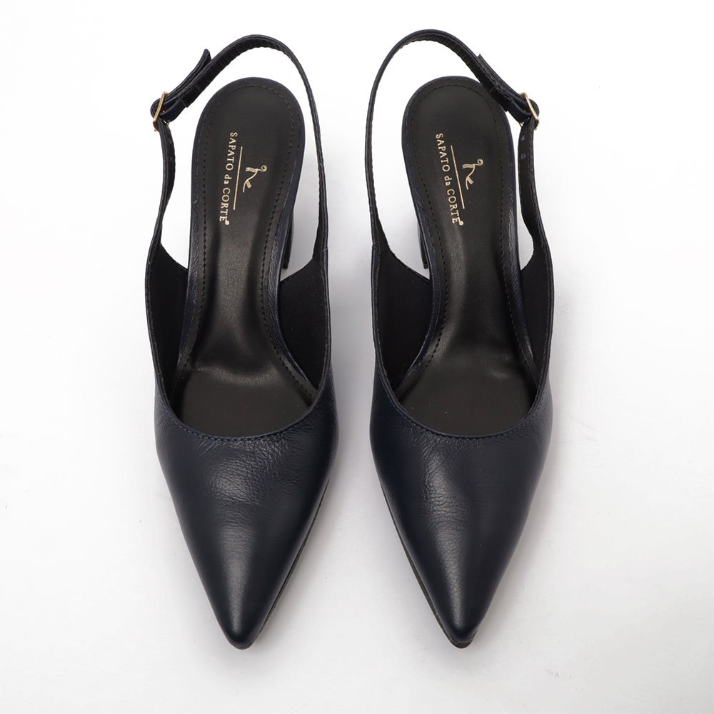 Slingback Sapato Da Corte Salto Médio Vírgula  Couro Azul Marinho 5
