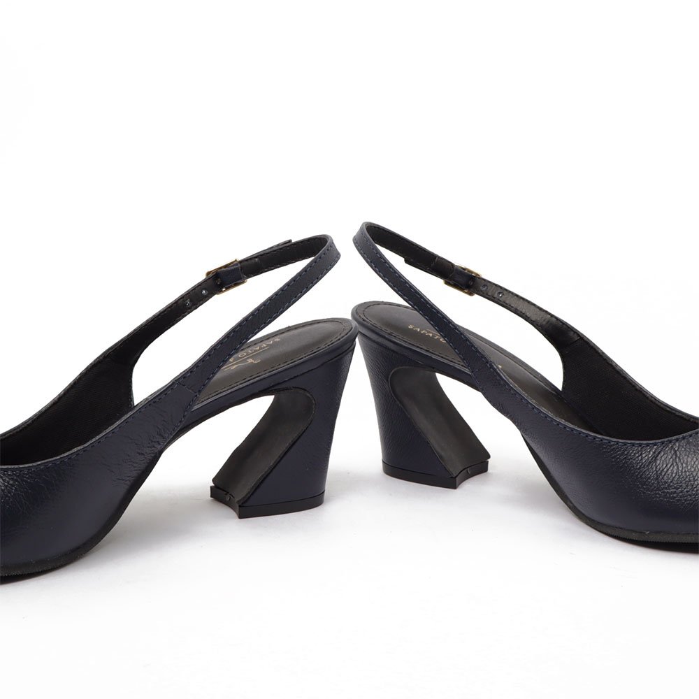 Slingback Sapato Da Corte Salto Médio Vírgula  Couro Azul Marinho 7