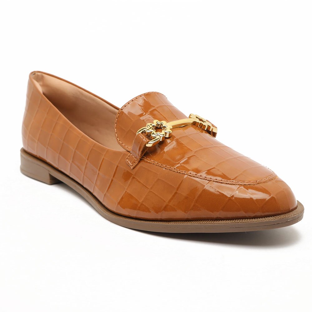 Mocassim Sapato da Corte Bico Oval Croco Detalhe Fivela Caramelo 2