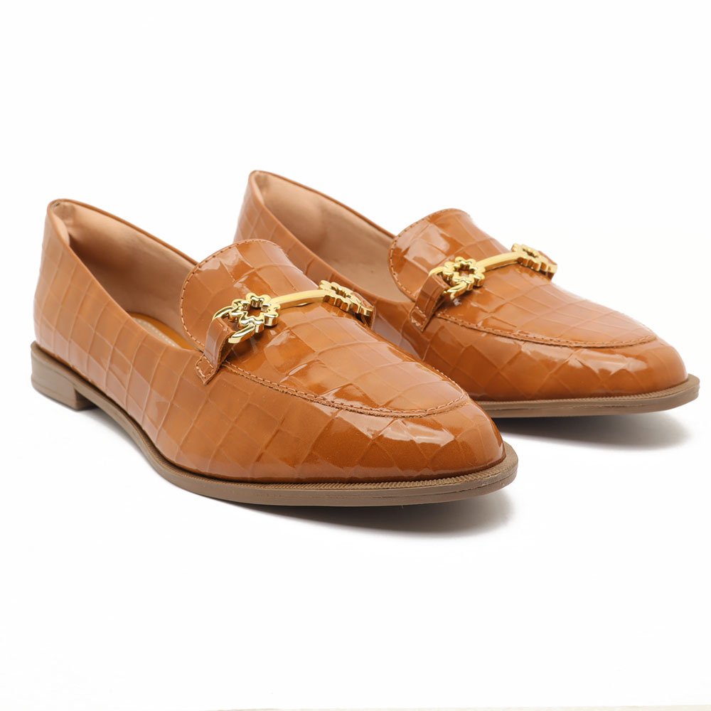 Mocassim Sapato da Corte Bico Oval Croco Detalhe Fivela Caramelo 3