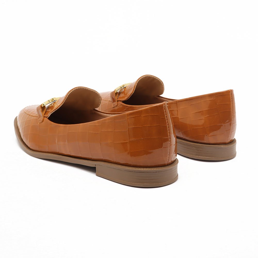 Mocassim Sapato da Corte Bico Oval Croco Detalhe Fivela Caramelo 4