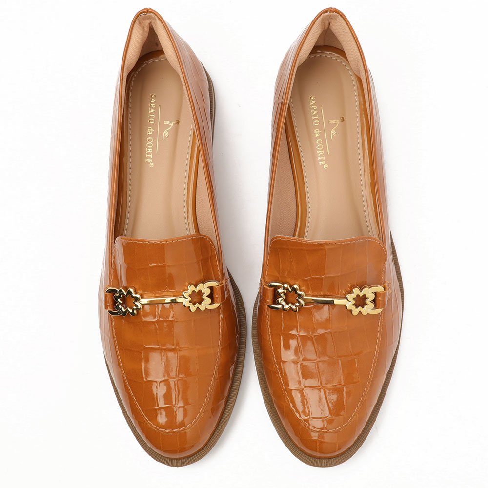 Mocassim Sapato da Corte Bico Oval Croco Detalhe Fivela Caramelo 5