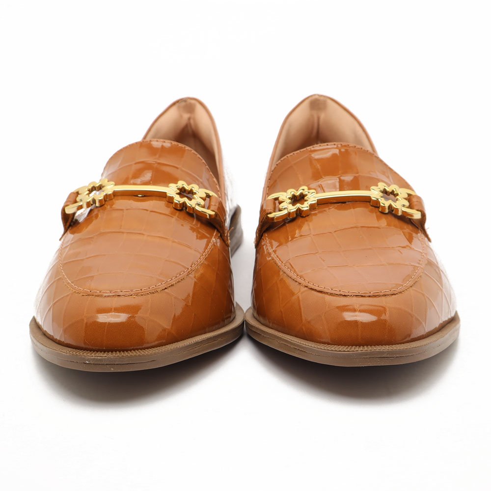 Mocassim Sapato da Corte Bico Oval Croco Detalhe Fivela Caramelo 8