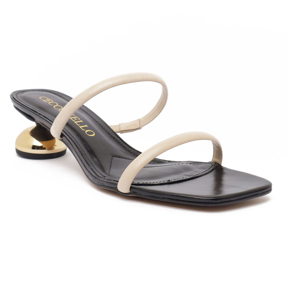 Tamanco Cecconello Couro Salto Baixo Cromado Branco/Preto 2