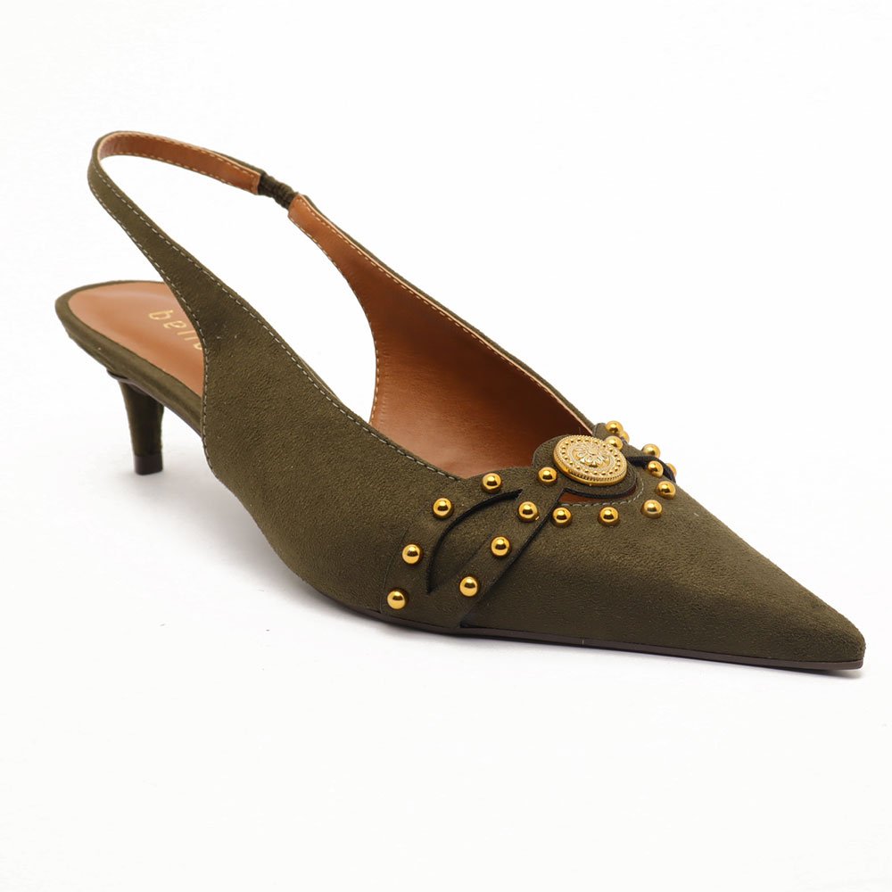 Slingback Belluno Salto Fino Baixo Tachas Moeda Verde Militar 2