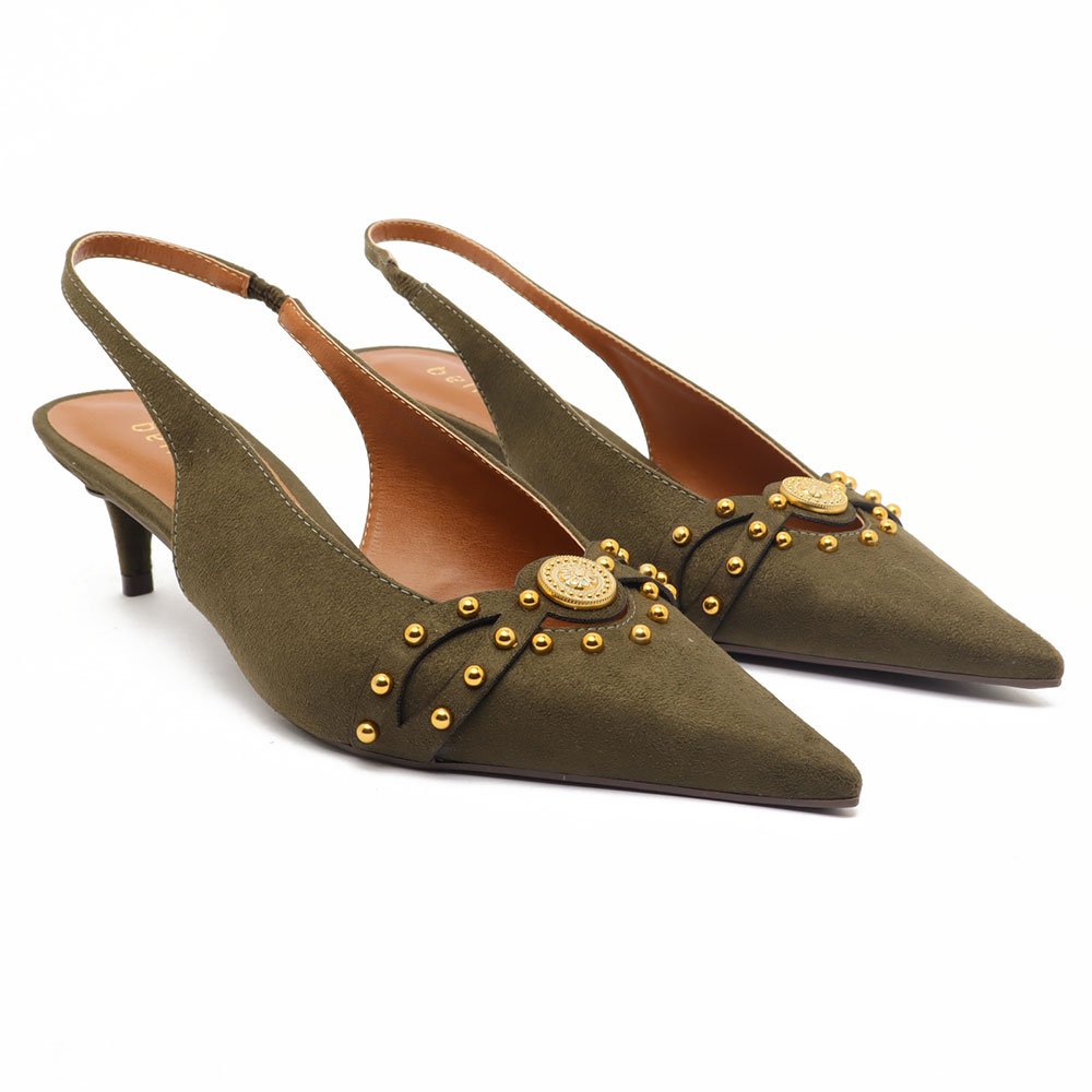 Slingback Belluno Salto Fino Baixo Tachas Moeda Verde Militar 3