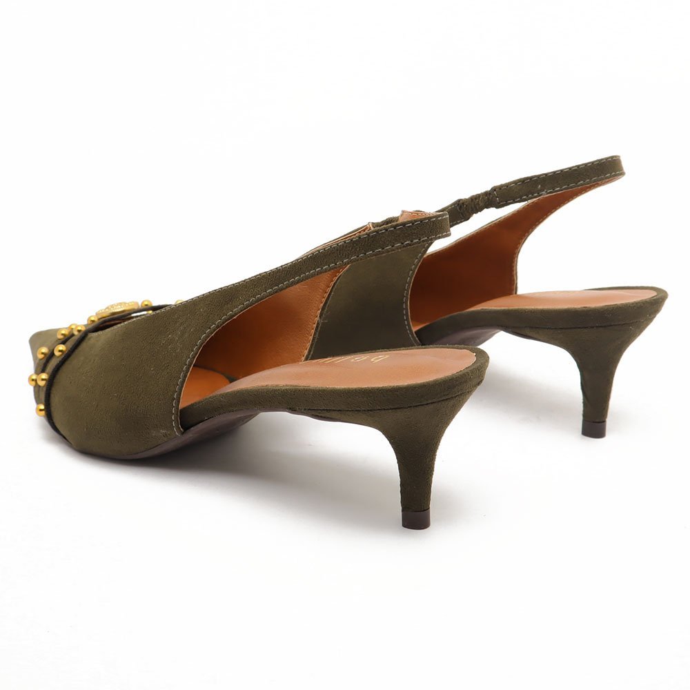 Slingback Belluno Salto Fino Baixo Tachas Moeda Verde Militar 4