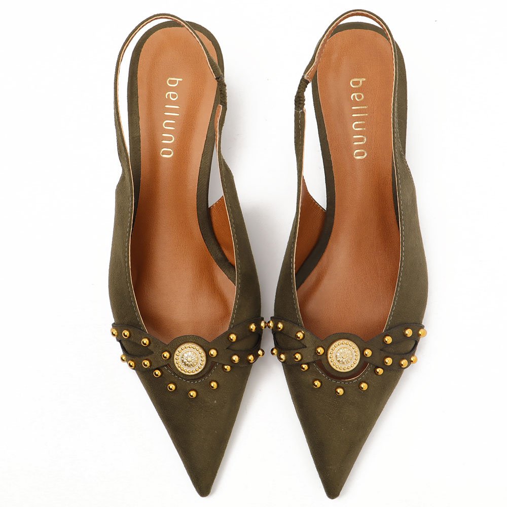 Slingback Belluno Salto Fino Baixo Tachas Moeda Verde Militar 5