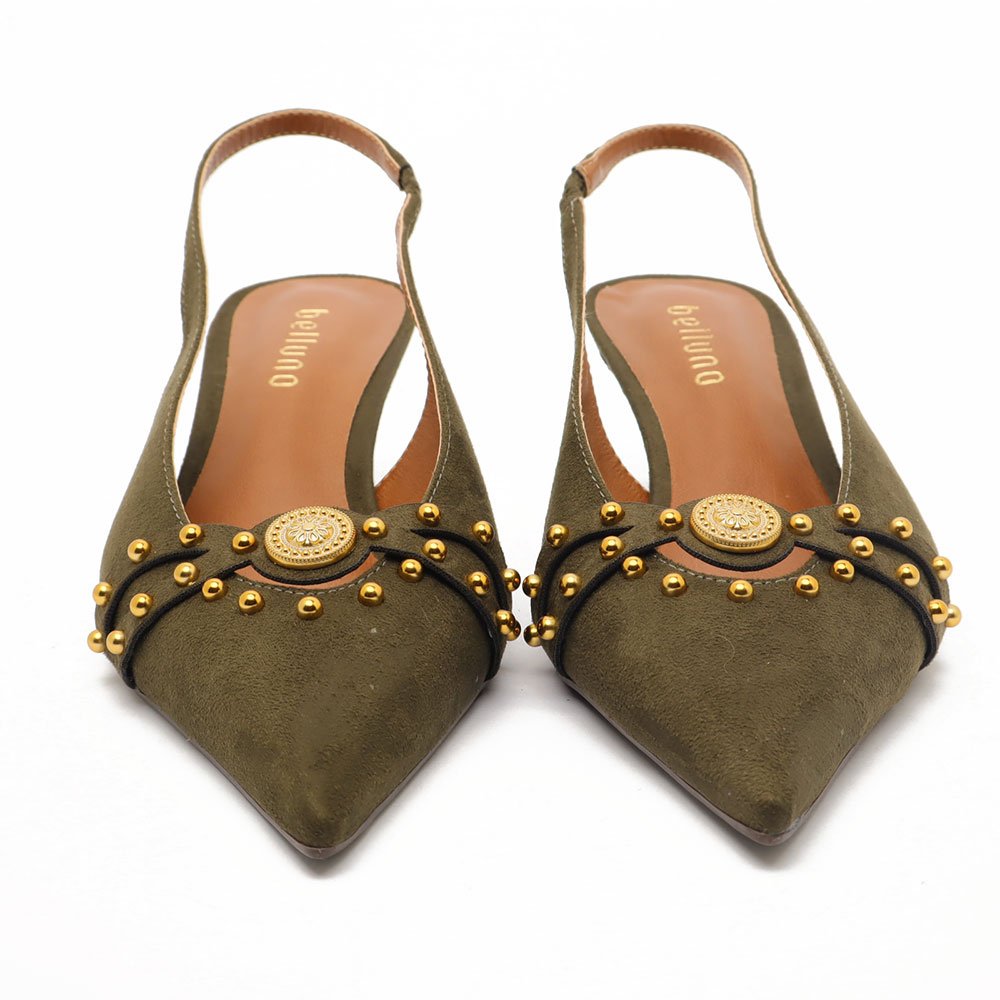 Slingback Belluno Salto Fino Baixo Tachas Moeda Verde Militar 8