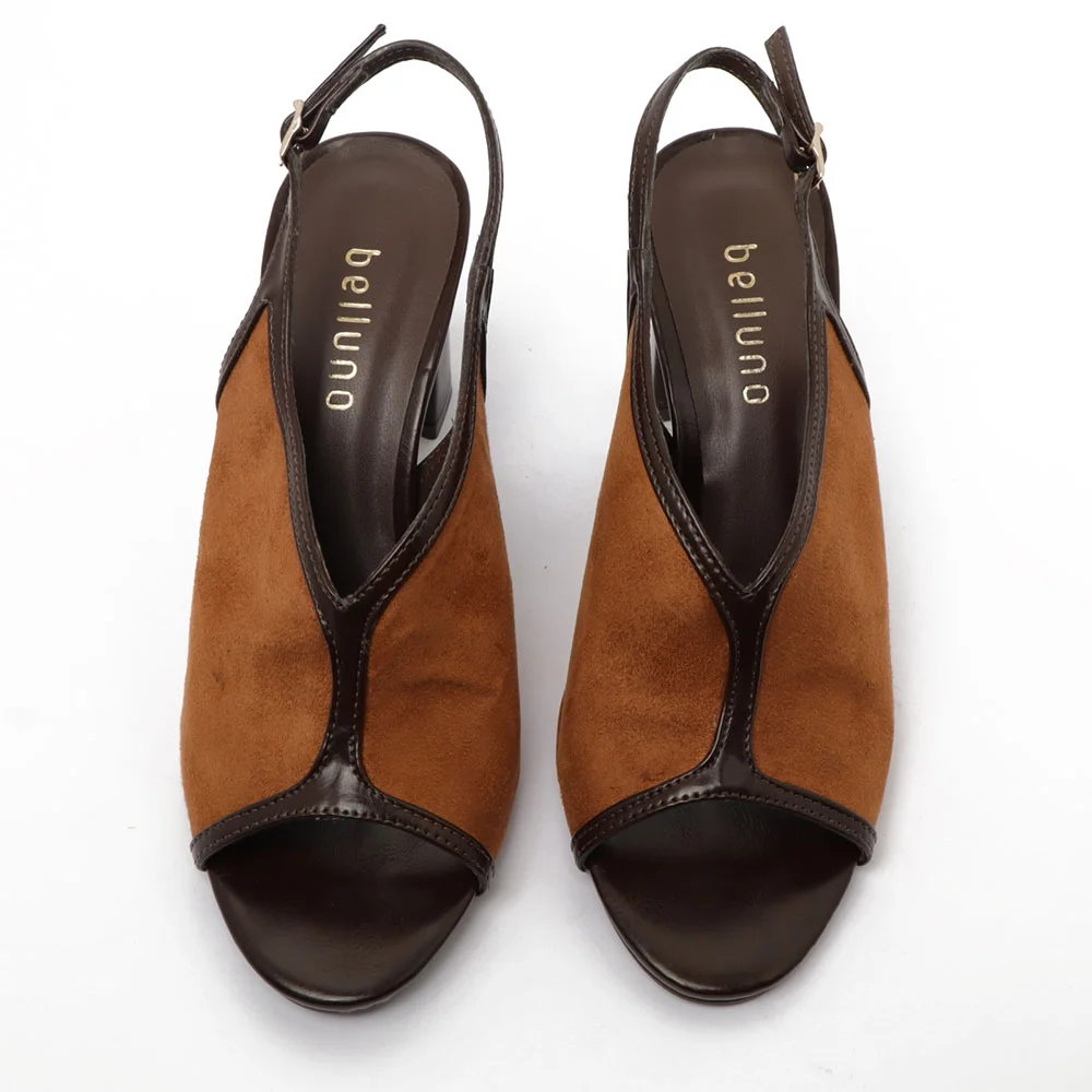 Sandália Belluno PeepToe Salto Bloco Alto Nobuck Caramelo 5