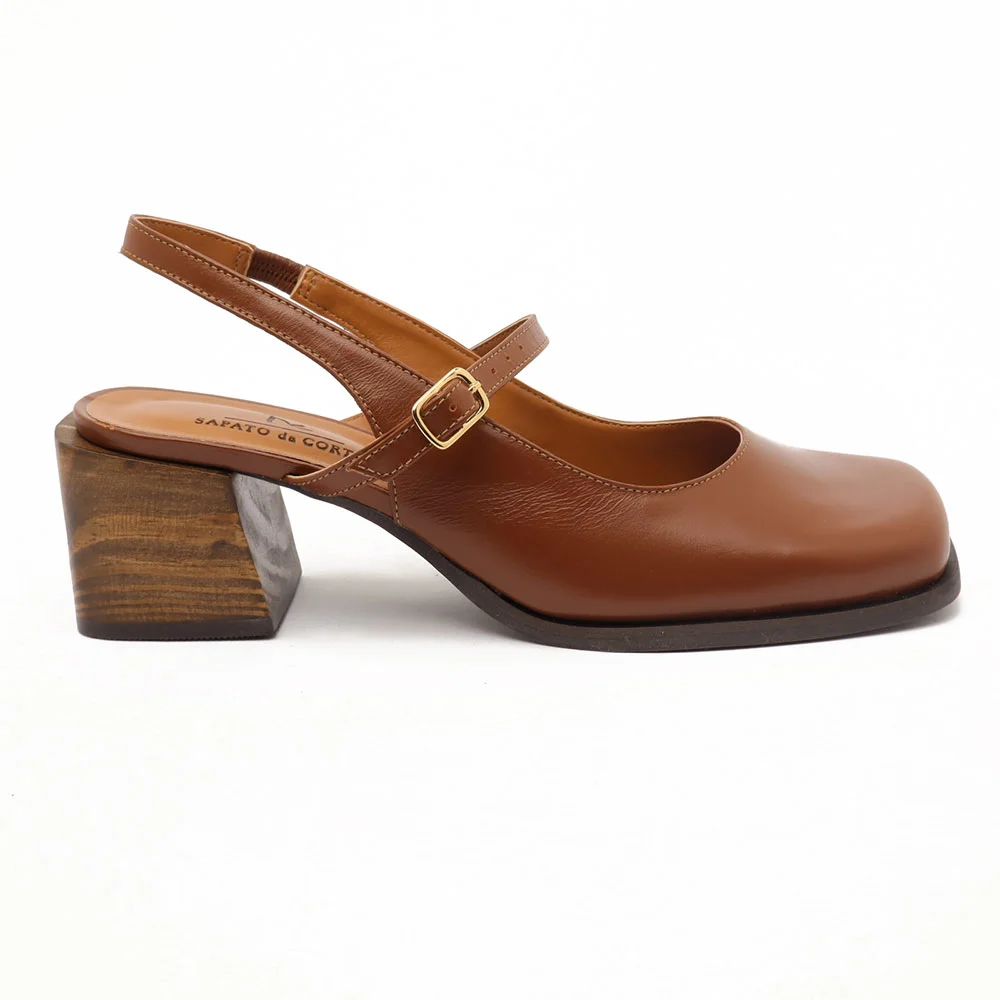 Slingback Sapato Da Corte Bico Quadrado Salto Bloco Tira Transversal