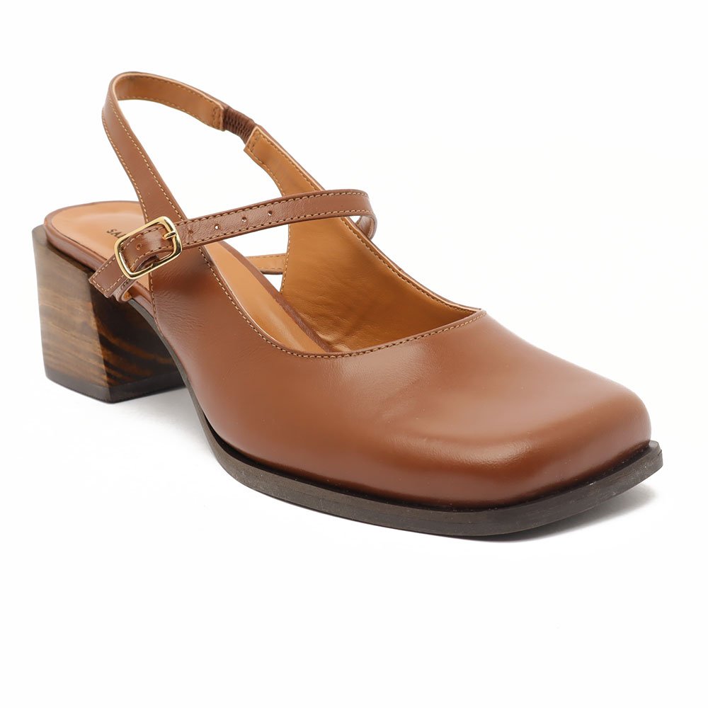 Slingback Sapato Da Corte Bico Quadrado Salto Bloco Tira Transversal Marrom 2