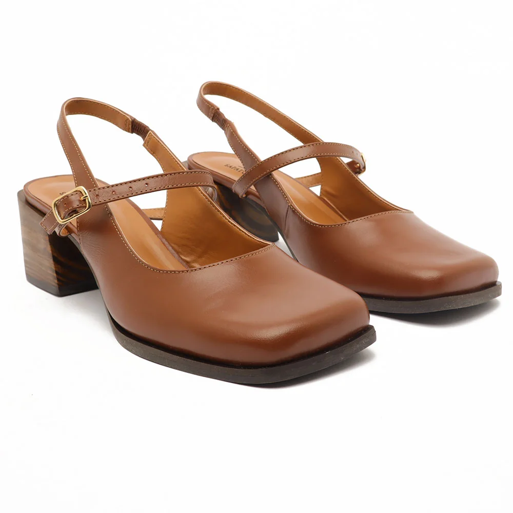 Slingback Sapato Da Corte Bico Quadrado Salto Bloco Tira Transversal Marrom 3