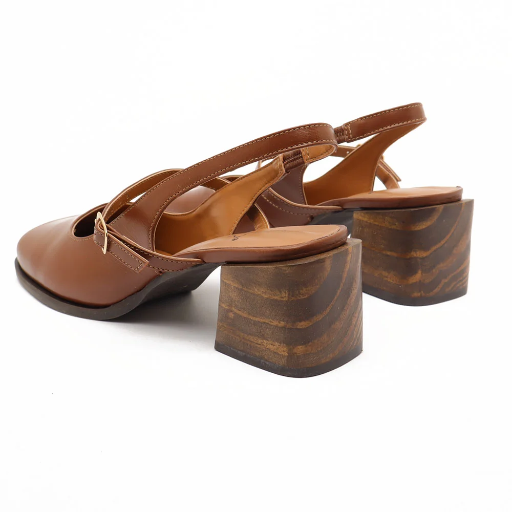 Slingback Sapato Da Corte Bico Quadrado Salto Bloco Tira Transversal Marrom 4