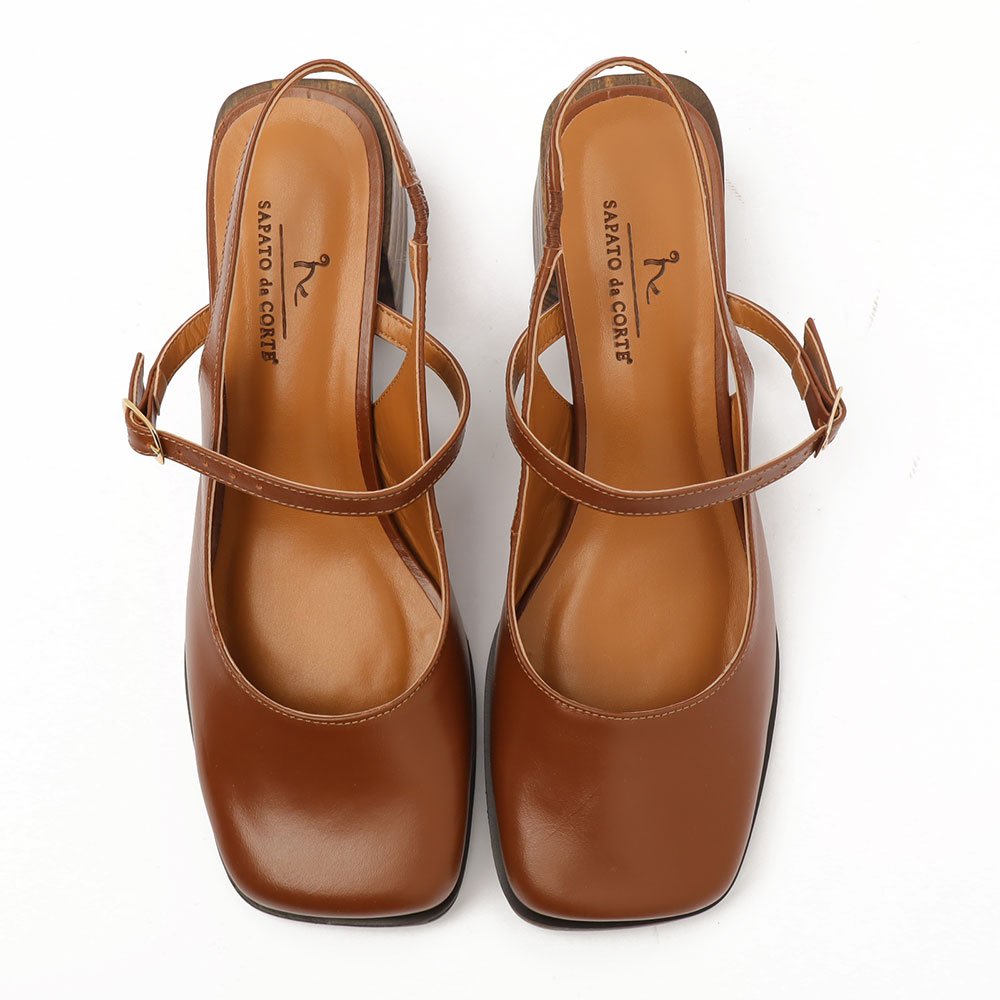 Slingback Sapato Da Corte Bico Quadrado Salto Bloco Tira Transversal Marrom 5