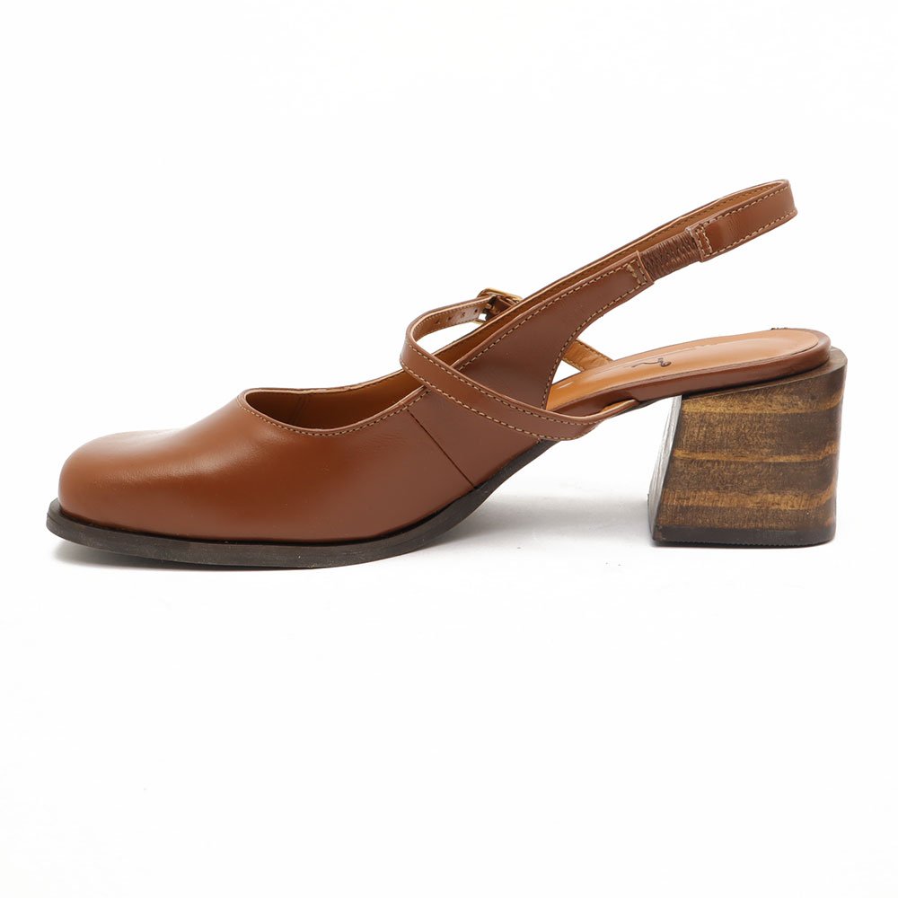 Slingback Sapato Da Corte Bico Quadrado Salto Bloco Tira Transversal Marrom 6