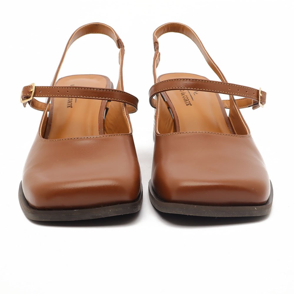 Slingback Sapato Da Corte Bico Quadrado Salto Bloco Tira Transversal Marrom 8