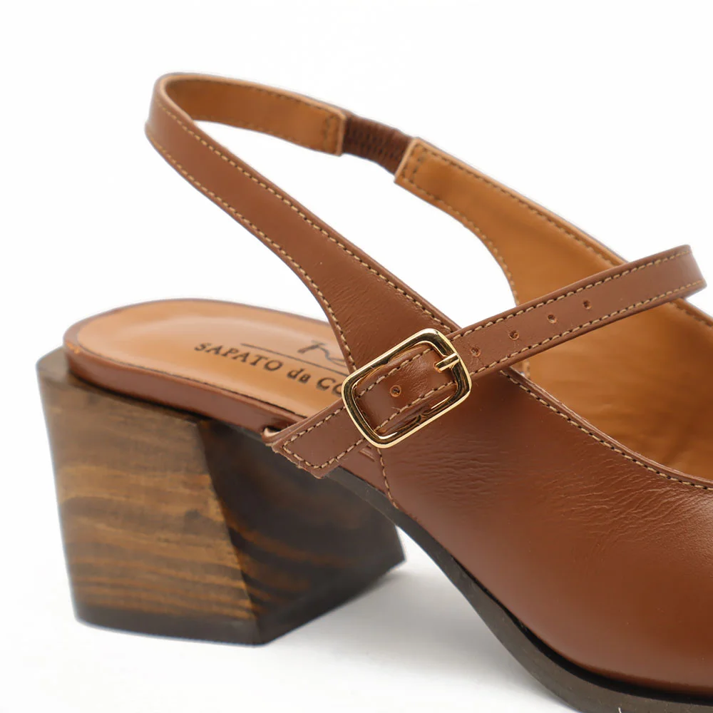 Slingback Sapato Da Corte Bico Quadrado Salto Bloco Tira Transversal Marrom 9