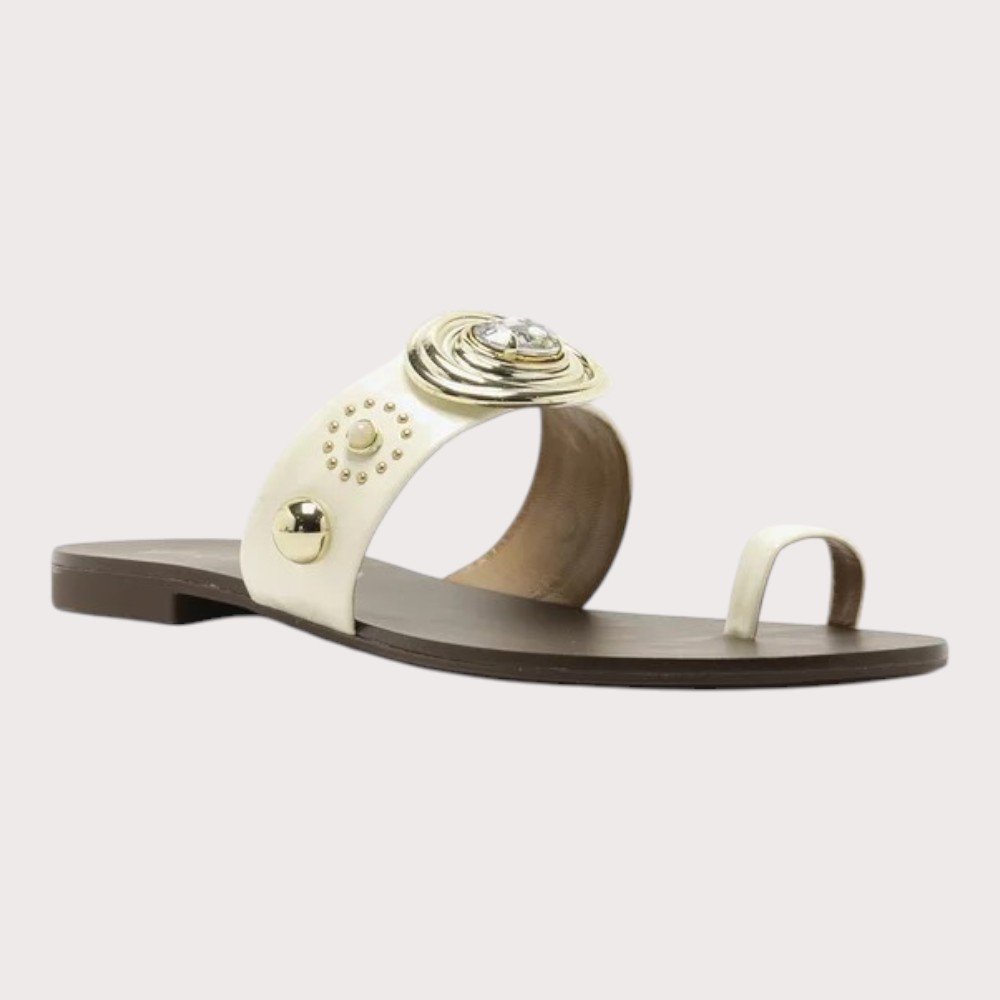 Sandália Flat Vicenza Couro Pedraria Dedeira Off White 3