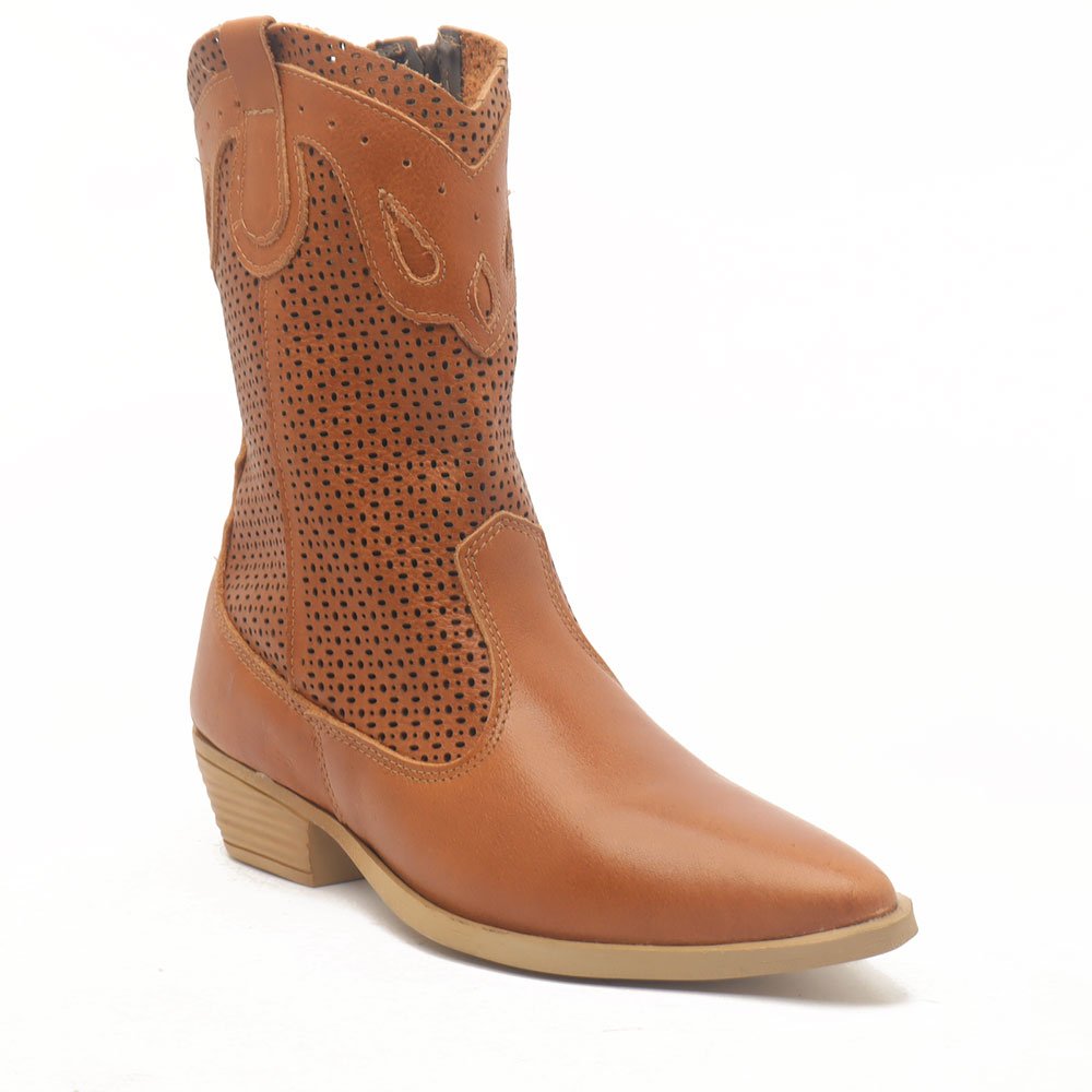 Bota Feminina Sapato Da Corte Couro Salto Bloco Baixo Cano Médio Country -Produto 05 Caramelo 2