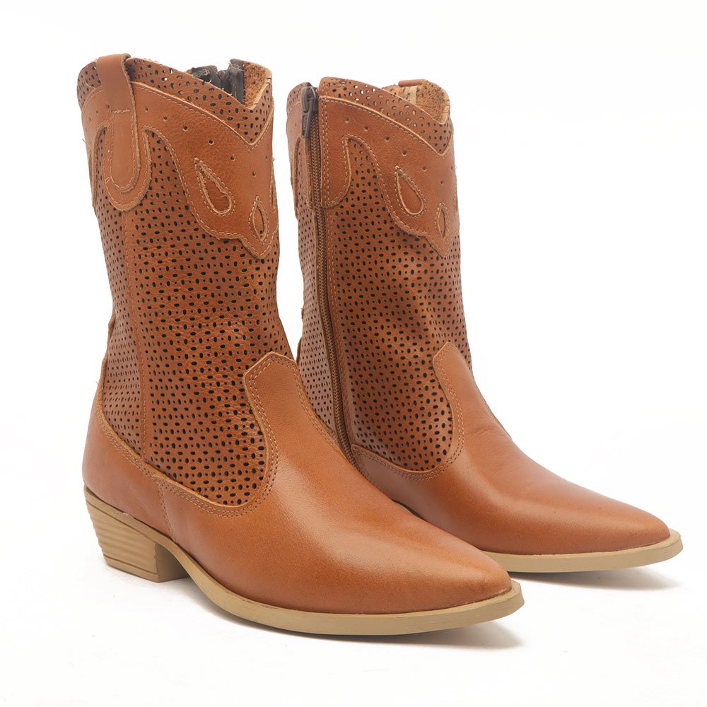 Bota Feminina Sapato Da Corte Couro Salto Bloco Baixo Cano Médio Country -Produto 05 Caramelo 3