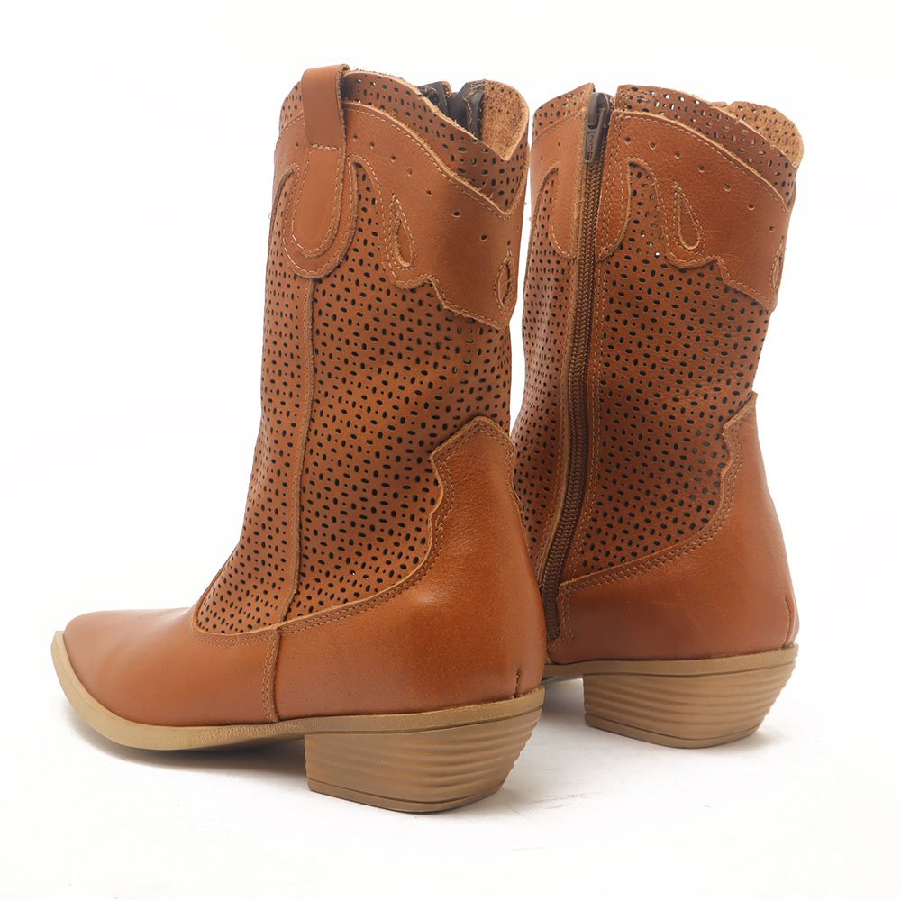Bota Feminina Sapato Da Corte Couro Salto Bloco Baixo Cano Médio Country -Produto 05 Caramelo 4