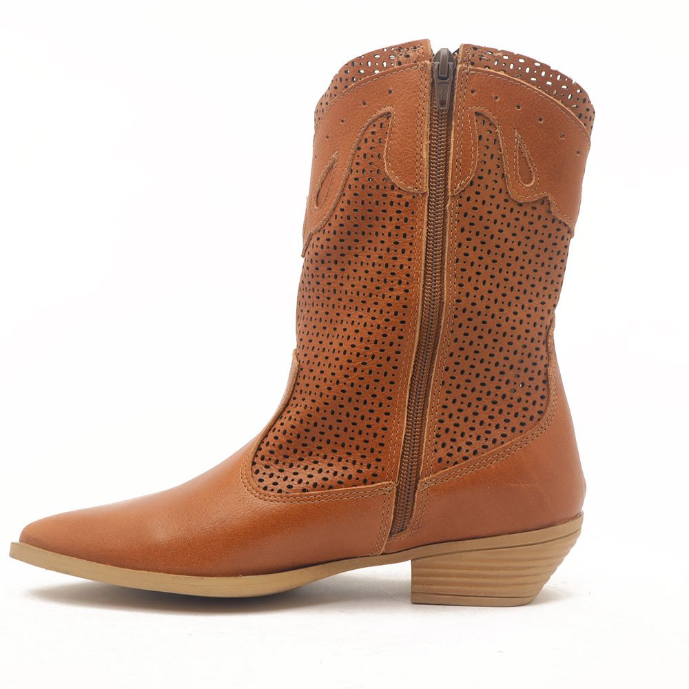 Bota Feminina Sapato Da Corte Couro Salto Bloco Baixo Cano Médio Country -Produto 05 Caramelo 7