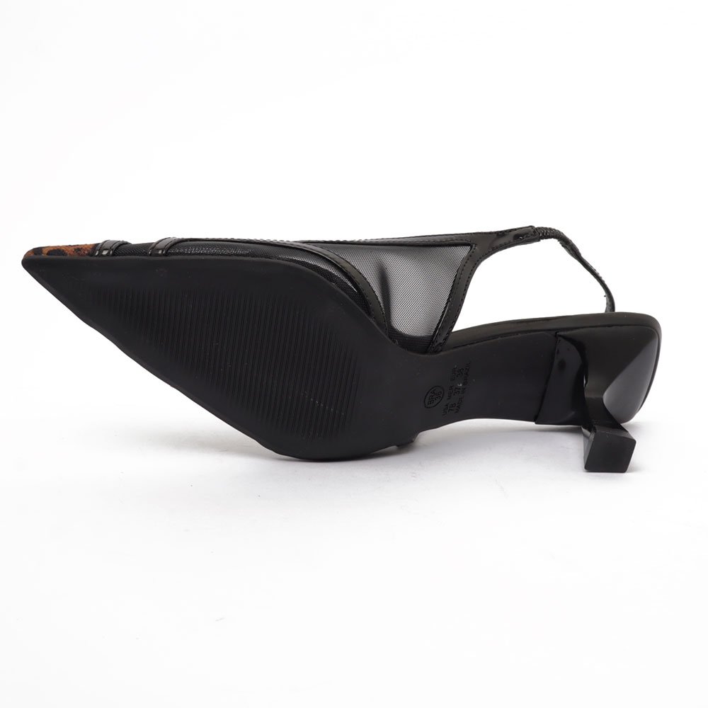 Slingback Sapato Da Corte Salto Médio Bico Fino Tela Pelo Preto 11