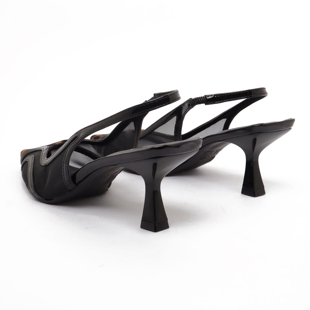 Slingback Sapato Da Corte Salto Médio Bico Fino Tela Pelo Preto 4