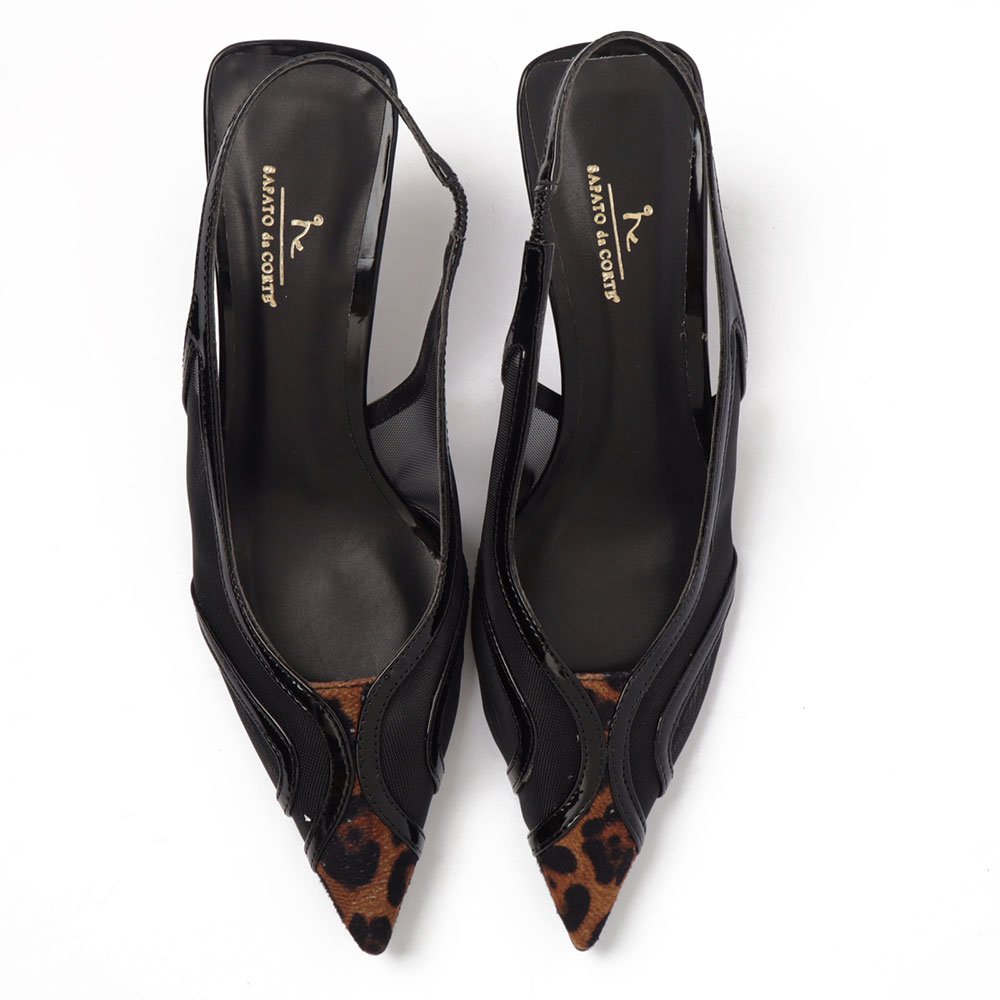 Slingback Sapato Da Corte Salto Médio Bico Fino Tela Pelo Preto 5