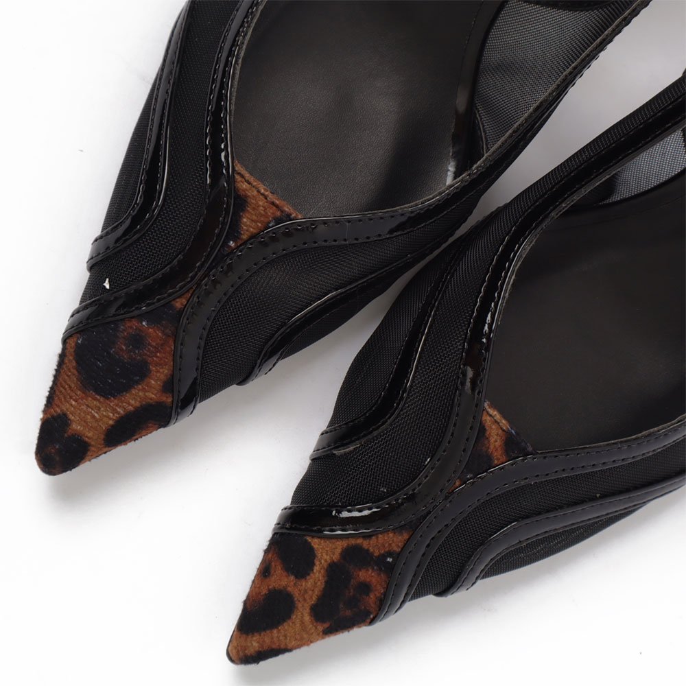 Slingback Sapato Da Corte Salto Médio Bico Fino Tela Pelo Preto 7