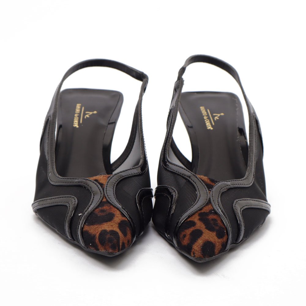 Slingback Sapato Da Corte Salto Médio Bico Fino Tela Pelo Preto 8