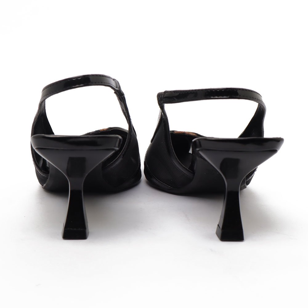 Slingback Sapato Da Corte Salto Médio Bico Fino Tela Pelo Preto 9