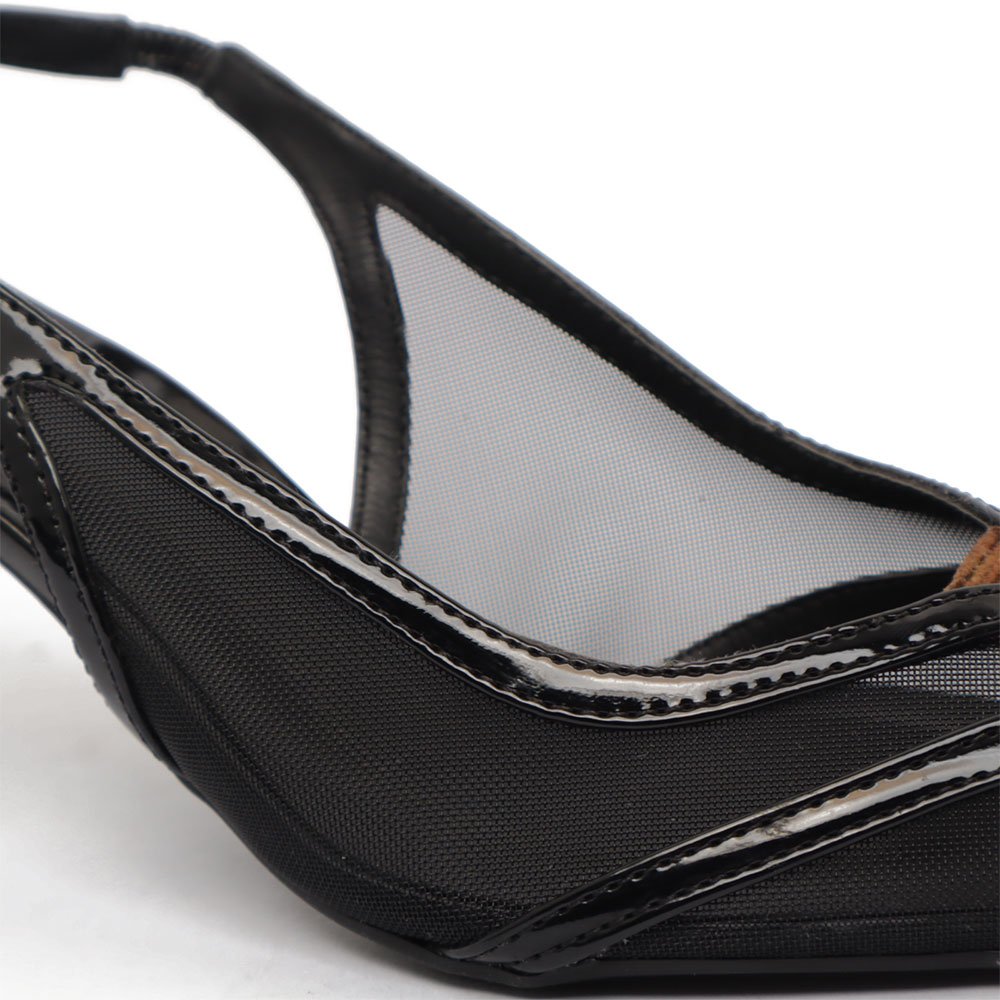 Slingback Sapato Da Corte Salto Médio Bico Fino Tela Pelo Preto 10