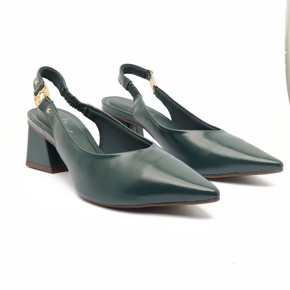 Slingback Sapato Da Corte Salto Bloco Médio Detalhe Fivela Verde 3