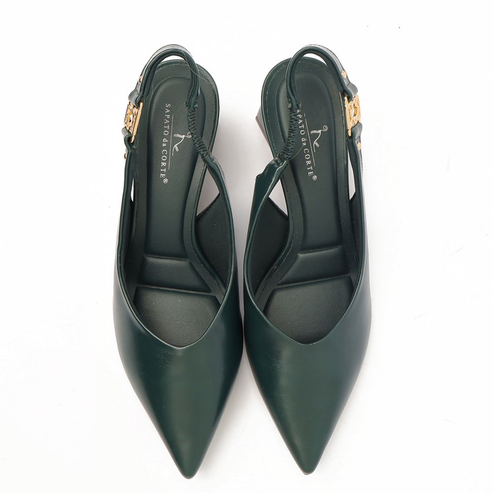 Slingback Sapato Da Corte Salto Bloco Médio Detalhe Fivela Verde 5