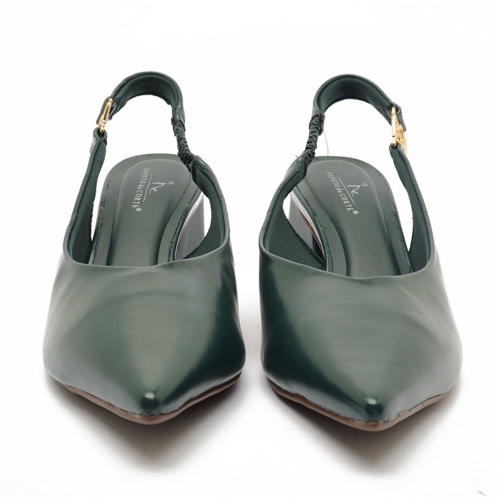 Slingback Sapato Da Corte Salto Bloco Médio Detalhe Fivela Verde 8