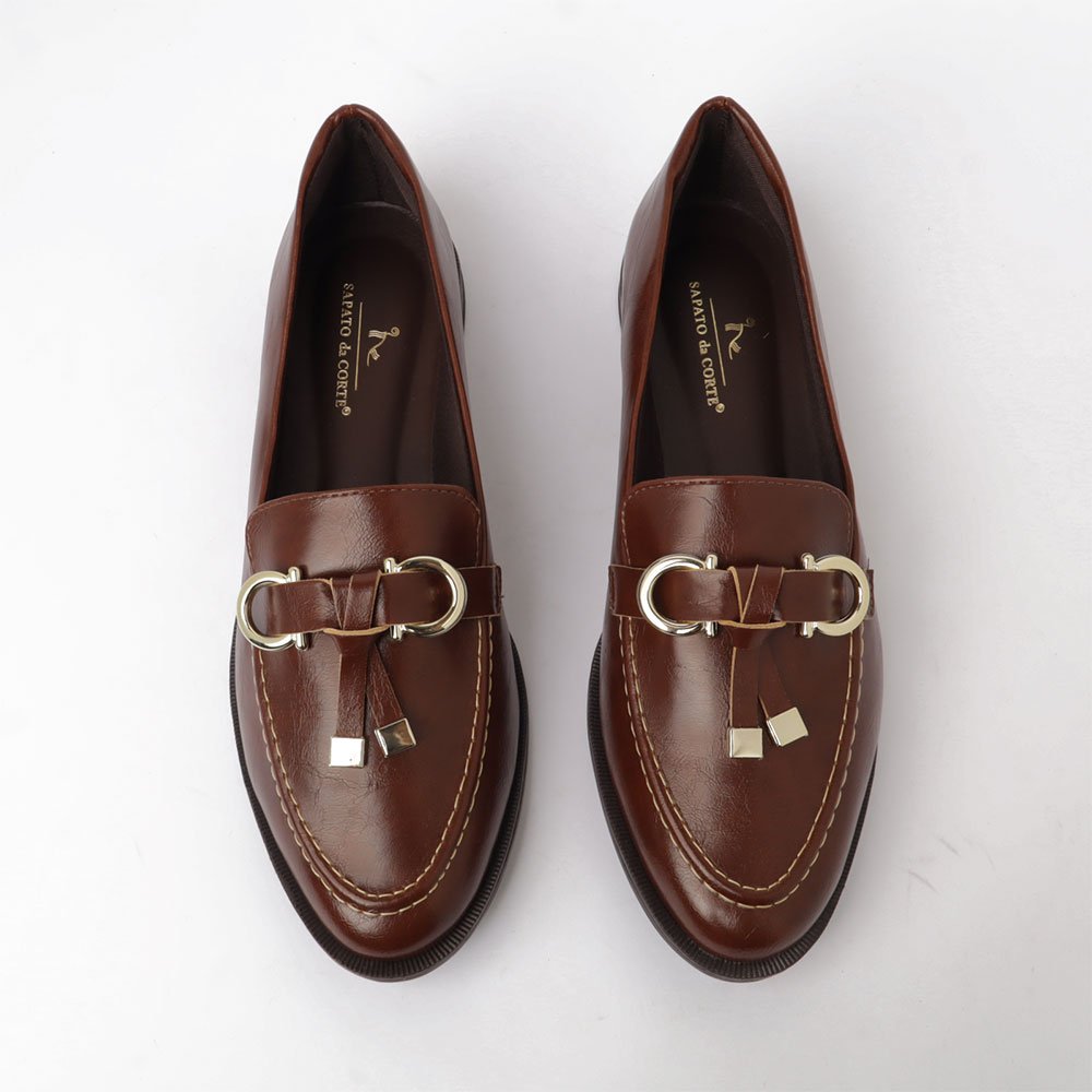 Mocassim Feminino Sapato Da Corte Vira Gravata Marrom 5