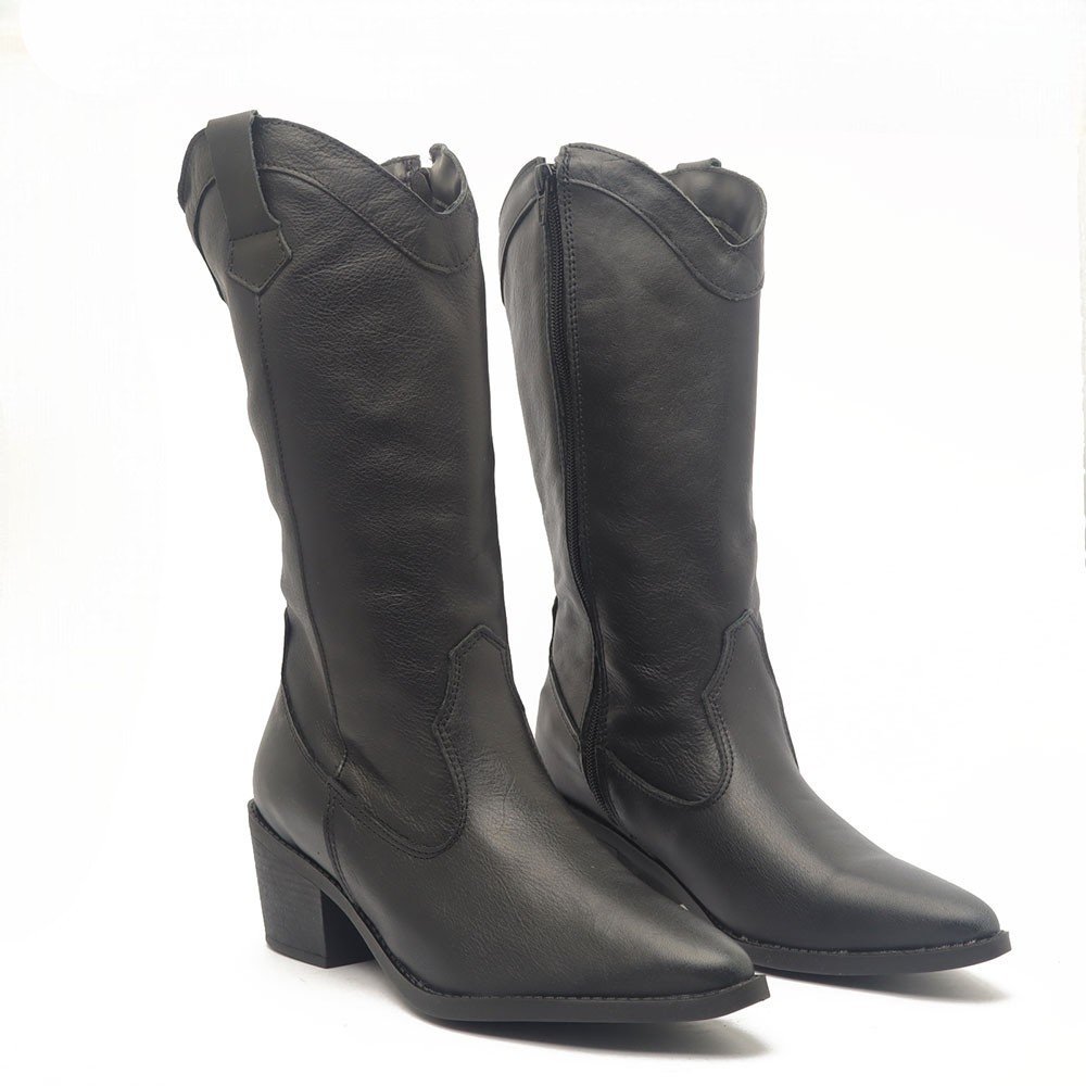Bota Feminina Sapato Da Corte Salto Bloco Médio Country Couro Preto 3