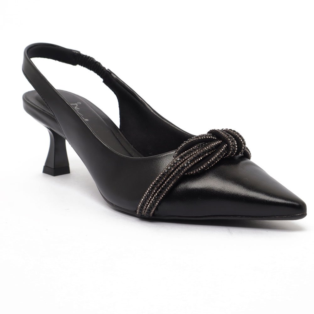 Slingback Sapato da Corte Salto Fino Médio Laço Strass Preto 2