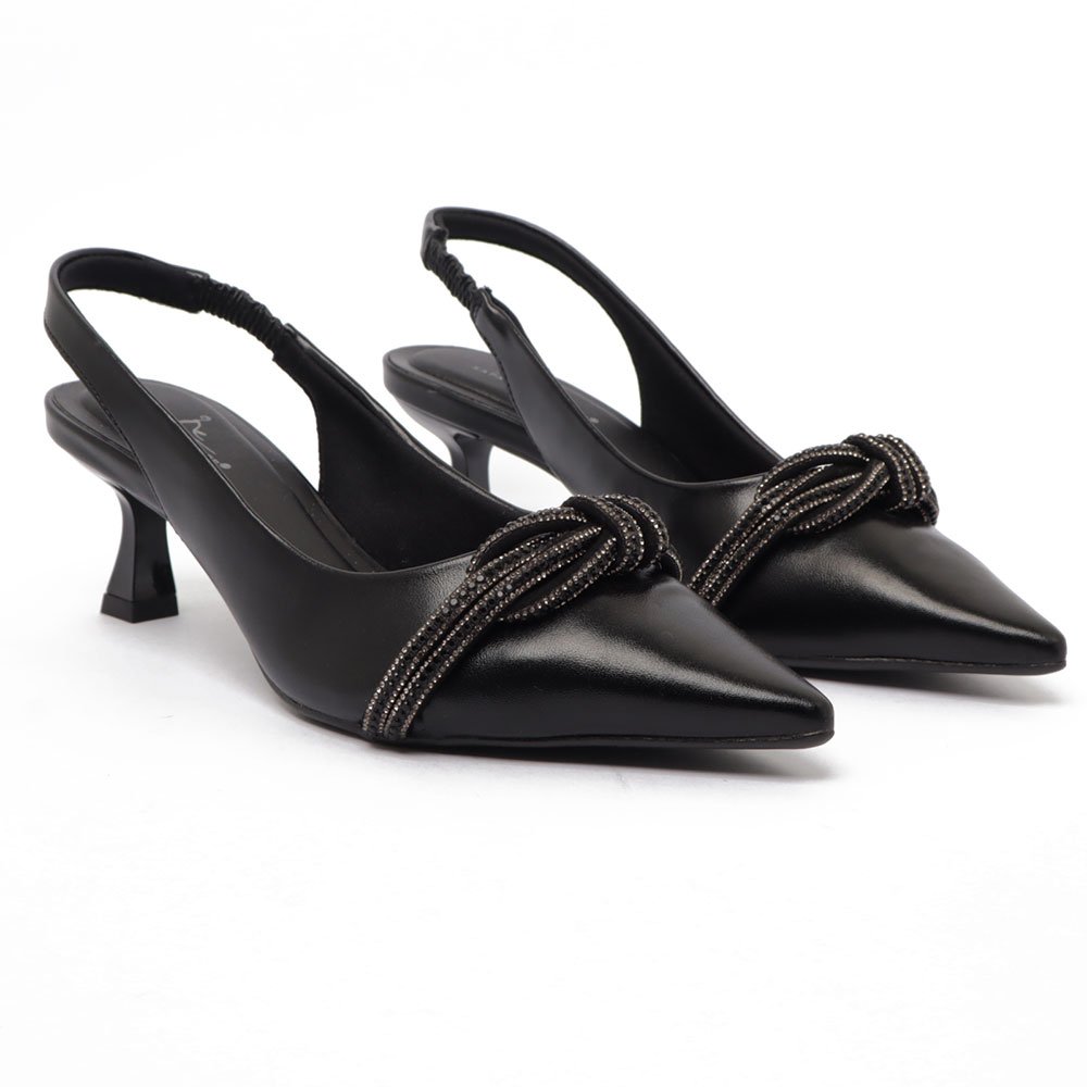 Slingback Sapato da Corte Salto Fino Médio Laço Strass Preto 3