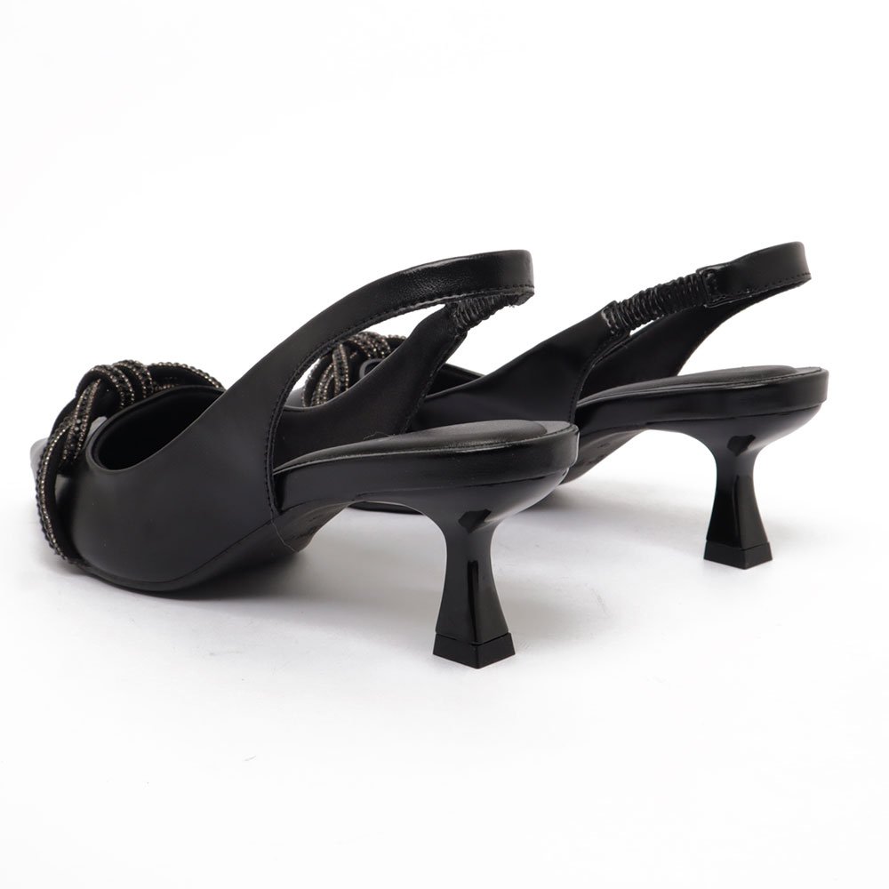 Slingback Sapato da Corte Salto Fino Médio Laço Strass Preto 4