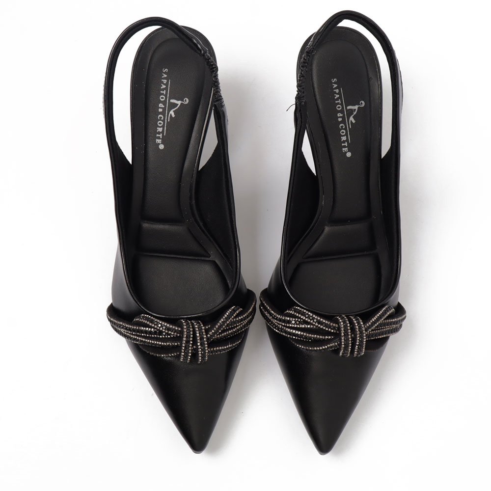 Slingback Sapato da Corte Salto Fino Médio Laço Strass Preto 5